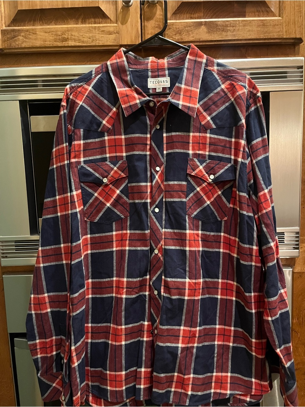 Tecovas Red and Navy Plaid Western Pearl Button-Down Shirt